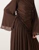 crinkle chiffon gathered maxi dress with micro ruffles in chocolate