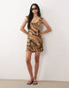 Tall mini dress with cap sleeves in brown abstract print
