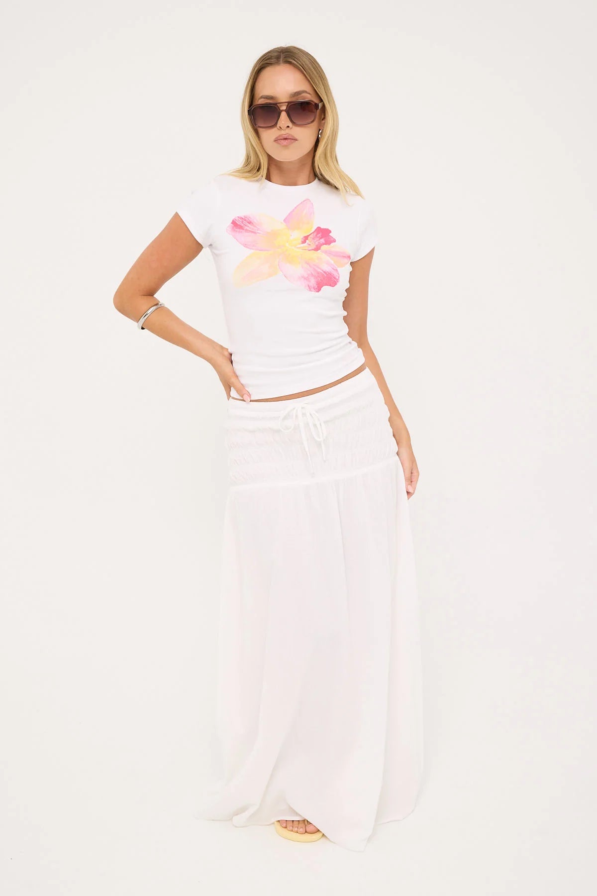 Luck & Trouble Solene Shirred Maxi Skirt White