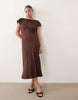 Nobody's Child Petite Marianna boat neck puff sleeve midi dress in brown polka dot