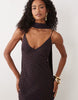 bias plunge cami dress with full godets and scarf detail in chocolate