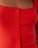 button down rib knit mini dress with picot trim in bright red