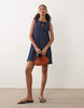 denim keyhole mini shift dress with bow detail in dark mid blue