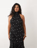 Curve halter maxi dress with scarf detail and ruffle hem in mono dot