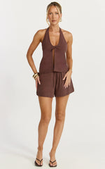 Griffin Top - Front Twist Halter Neck Top in Chocolate