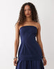 cotton sateen bandeau maxi sundress with dropped waist poplin skirt in midnight navy