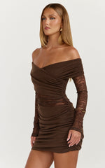 Juliet Mini Dress - Off Shoulder Lace Contrast Bodycon Dress in Choc