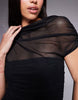 draped shoulders mesh mini dress with ruching in black