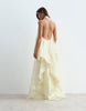ARRANGE scoop neck organza halter trapeze maxi dress with linear embroidery in soft yellow
