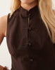 linen blend mandarin collar mini dress in chocolate