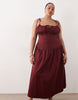 Curve structured cotton sateen tie bust dropped waist midaxi sundress in burgundy