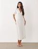 YAS v neck lace trim romantic satin midi dress with tie sleeve details in white