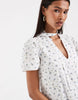 Vero moda poplin tie waist lace trim ruffle hem mini dress in white and blue floral