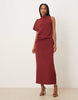 draped one sleeve slinky dress in burgundy