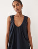 ruched plunge barrel midi dress in navy