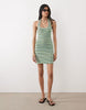 ribbed halter scoop neck mini dress in green and blue stripes