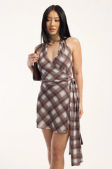 Luck & Trouble Rocco Halter Wrap Check Mini Dress Brown Check