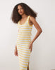 textured scoop neck midi dress with open back in yellow stripes