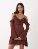 Miss Selfridge premium linen blend knit ruffle trim cold shoulders mini dress in chocolate