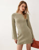 Mango crochet knit long sleeve mini dress with open back detail in pastel green