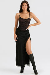 black satin lace trim midi skirt