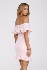 Glimmering Noir Off Shoulder Lace Mini Dress Pink