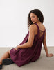 poplin v-neck and back smock mini sundress with lace overlay in plum wine