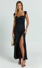 Vance Midi Dress - Ruched Cap Sleeve Bustier Bias Cut Dress in Black