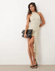 mesh high neck draped mini dress in polka dots