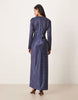 bias cut bust detail satin maxi dress in navy polka dots