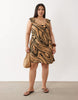 Curve mini dress with cap sleeves in brown abstract print