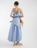 poplin puff sleeve midi dress with cinched scarf waist detail in steel blue