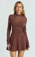Camilla Mini Dress - Turtle Neck Fit And Flare Sheer Contrast Knit Dress in Chocolate