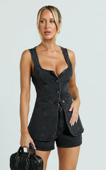 Raquel Top - Denim Scoop Neck Button Down Vest in Washed Black