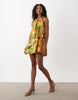 tie neck baby doll printed mini dress