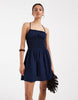 denim shirred mini dress in inky wash
