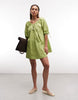 scoop neck poplin mini dress with tie sleeves in green