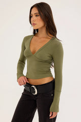 Motel Emesy Long Sleeve V Neck Top Khaki