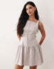 Kaiia Exclusive linen blend square neckline button detail mini dress in gray