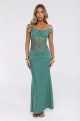Grace Notes Off Shoulder Mesh Maxi Dress Teal
