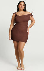 Jeofina Mini Dress - Off The Shoulder Linen Look Dress in Chocolate