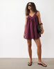 poplin v-neck and back smock mini sundress with lace overlay in plum wine