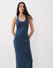 halter midi dress with buttermilk contrast trim in navy