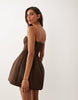 Premium bandeau sculpted mini dress with gold trim in chocolate