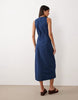 denim fitted midi dress in rich mid blue