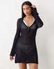 Good American scoop neck tie front crochet mini beach dress in navy