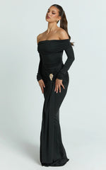 Trish Maxi Dress - Off Shoulder Hardware Trim Bodycon Dress in Black