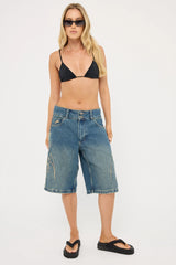 Worship At Peace 00s Baggy Denim Short Dirty Mid Blue