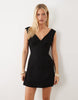 linen blend v neck halter mini dress in black