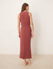 linen twist shoulder detail midi dress with ruching in apple butter